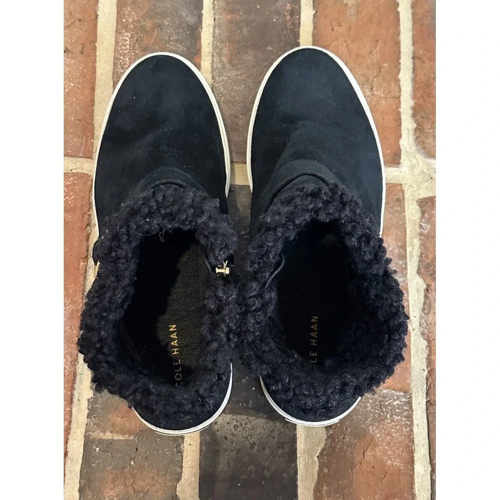 Cole Haan NANTUCKET Cozy Ankle Suede Boots H2O Black Faux-Shearling Trim Wm Sz 8